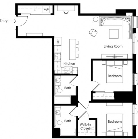 Floor plan for 2 beds, 2 baths, 995 sqft